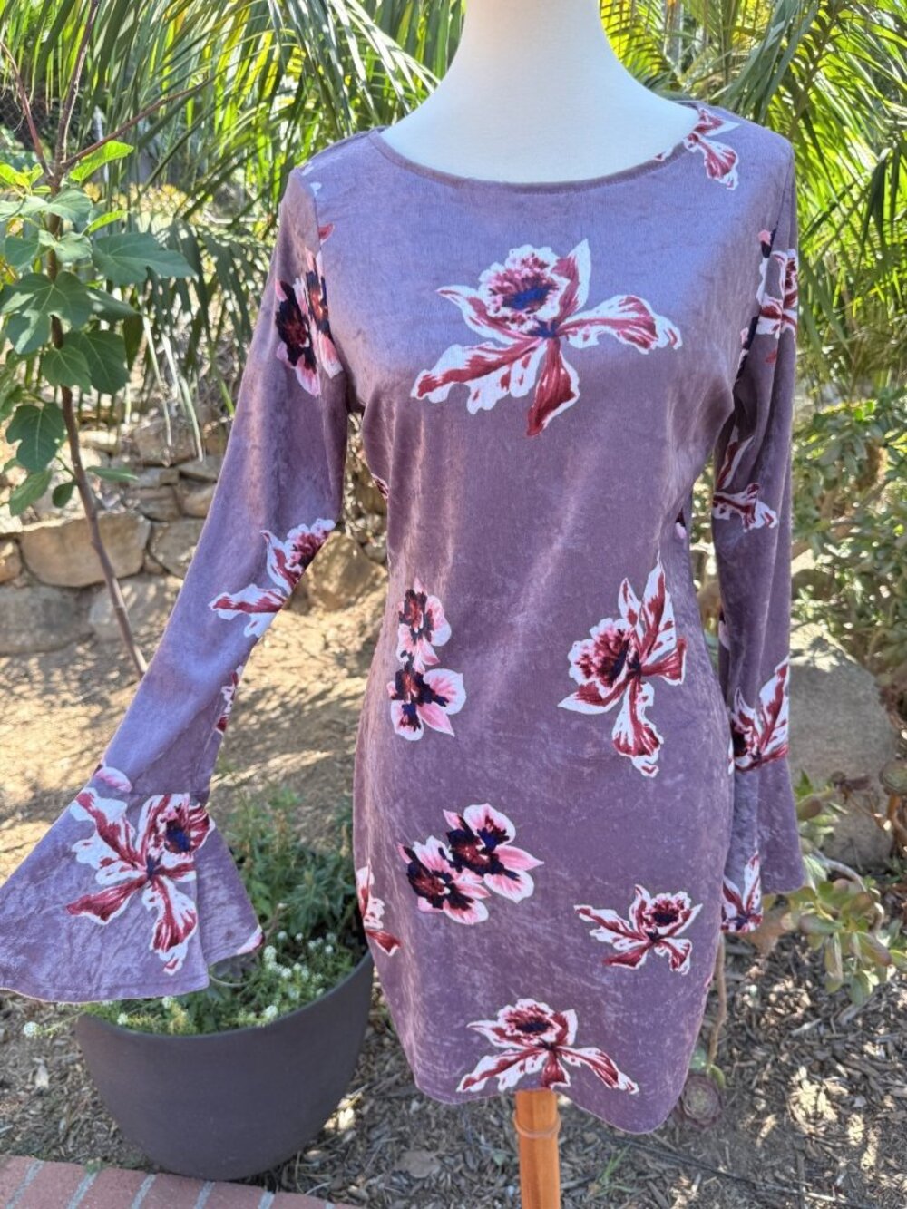 Vintage 90s Y2K Floral Purple Velvet Whimsigoth Tunic Mini Dress Bell Sleeves XL